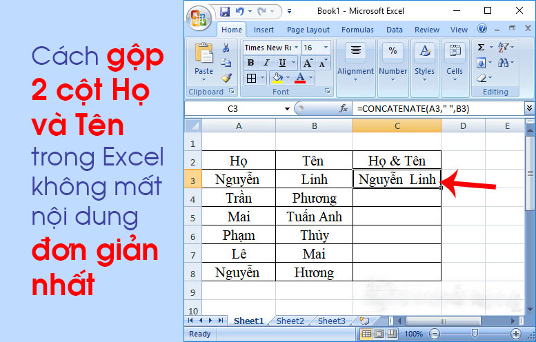 Cách gộp 2 cột Họ và Tên trong Excel không mất nội dung đơn giản nhất